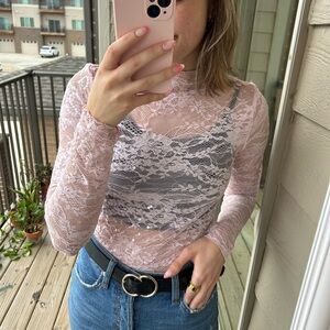 Wild Fable Pink Lace Long Sleeve Bodysuit